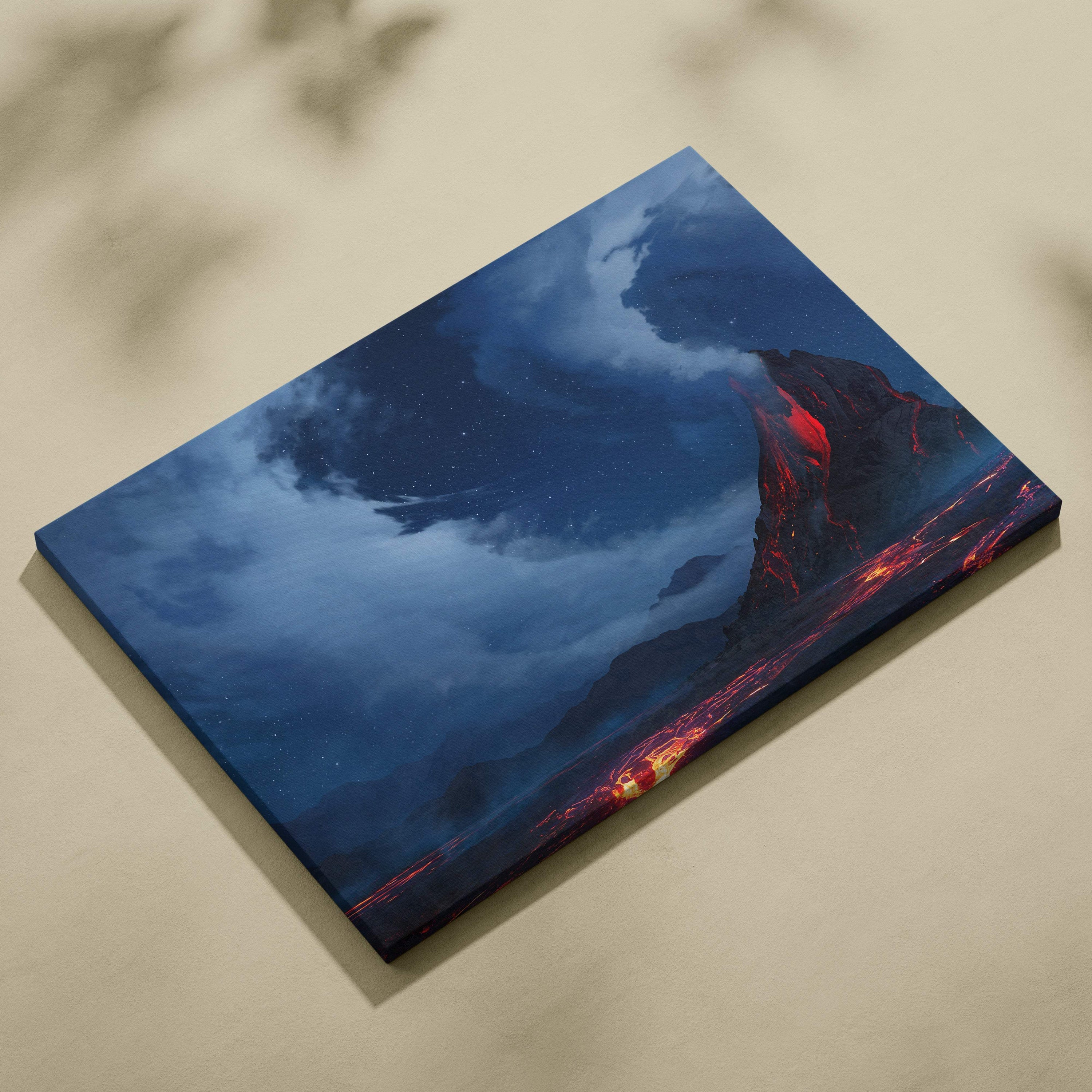 A rectangular canvas print of a volcanic lava landscape with glowing red flows and deep blue night skies wall art