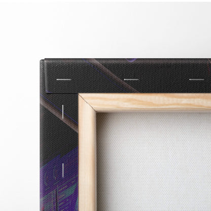 Light-colored wooden frame holding canvas with dark purple and teal futuristic cyberpunk portal command center artwork