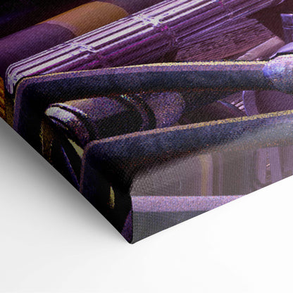 Purple and black canvas print of a vintage car interior featuring a futuristic cyberpunk portal command center design