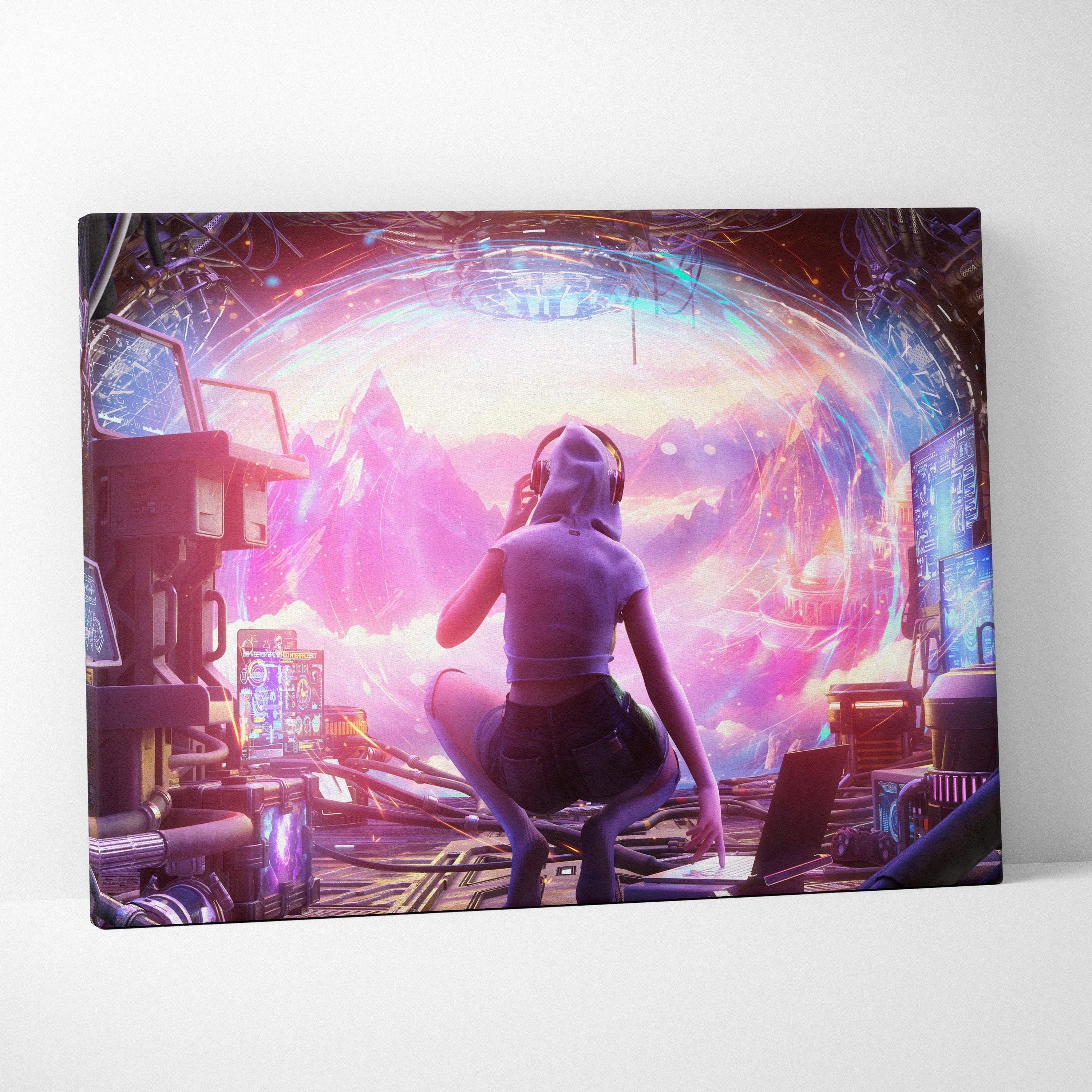 Futuristic cyberpunk portal command center canvas art featuring a hooded tech explorer at neon multiverse gateway