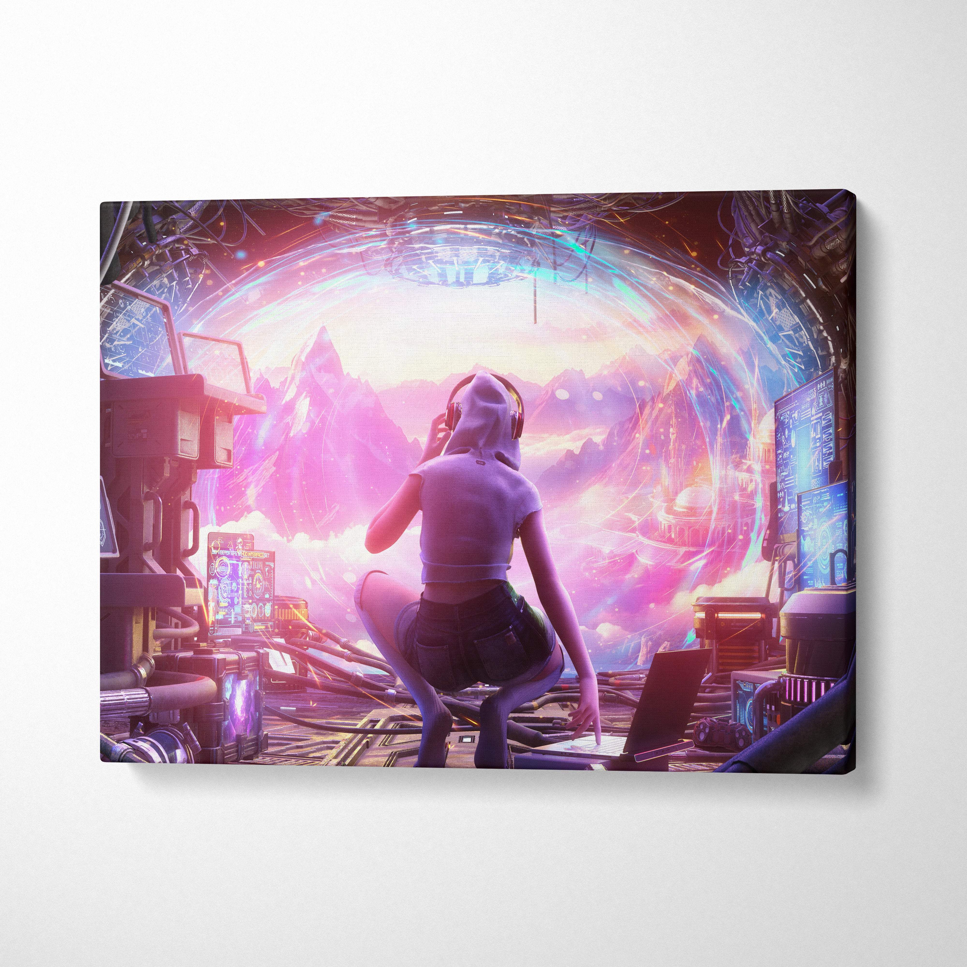 A vibrant sci-fi canvas print of a hooded tech explorer viewing a neon pink and purple cyberpunk portal gateway
