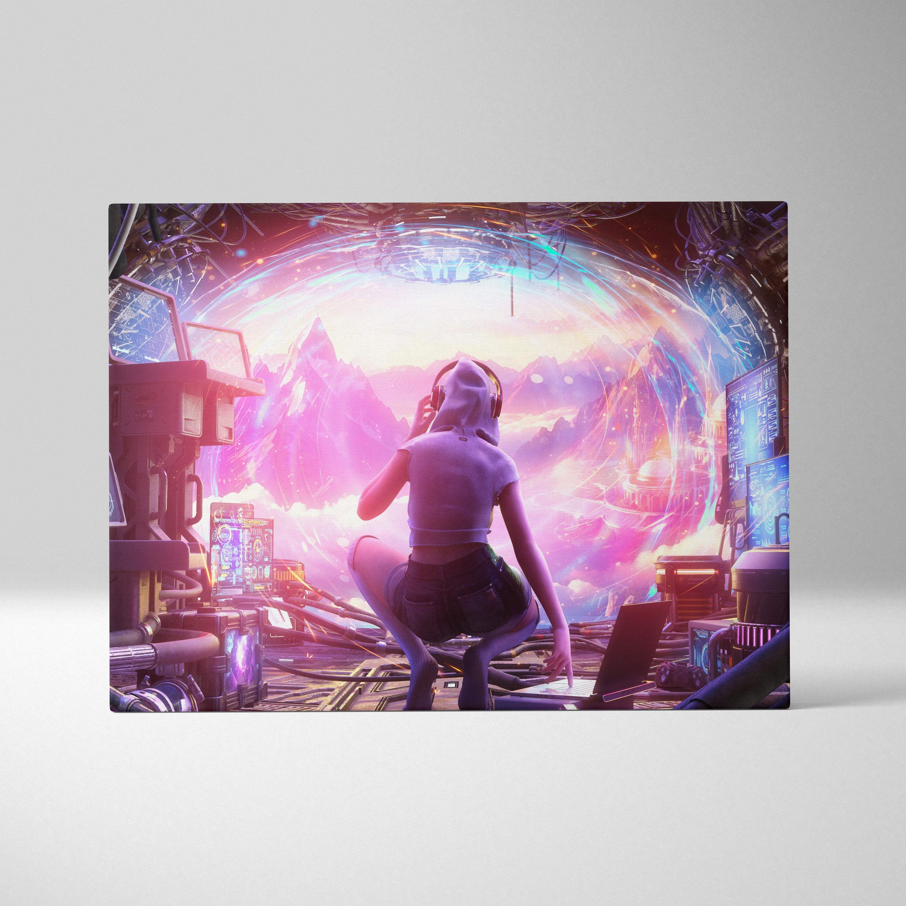 Futuristic cyberpunk canvas art of hooded tech explorer with headphones before glowing screens and neon multiverse portal