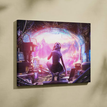 Vibrant sci-fi canvas print of a hooded tech explorer in headphones viewing a glowing cyberpunk portal with machinery