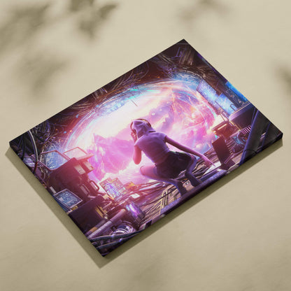 Futuristic cyberpunk portal command center canvas art with hooded tech explorer in glowing purple and blue hues