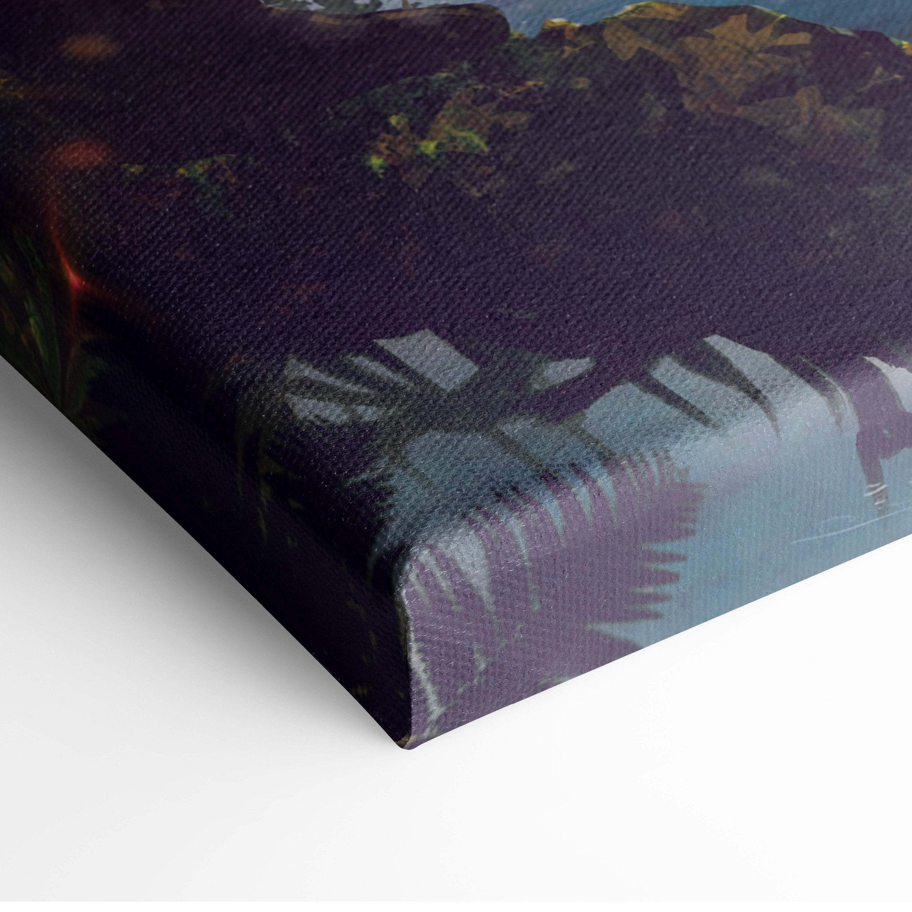 Fantasy Pirate Island canvas print with dark purple and teal textured abstract landscape and stylized foliage decor
