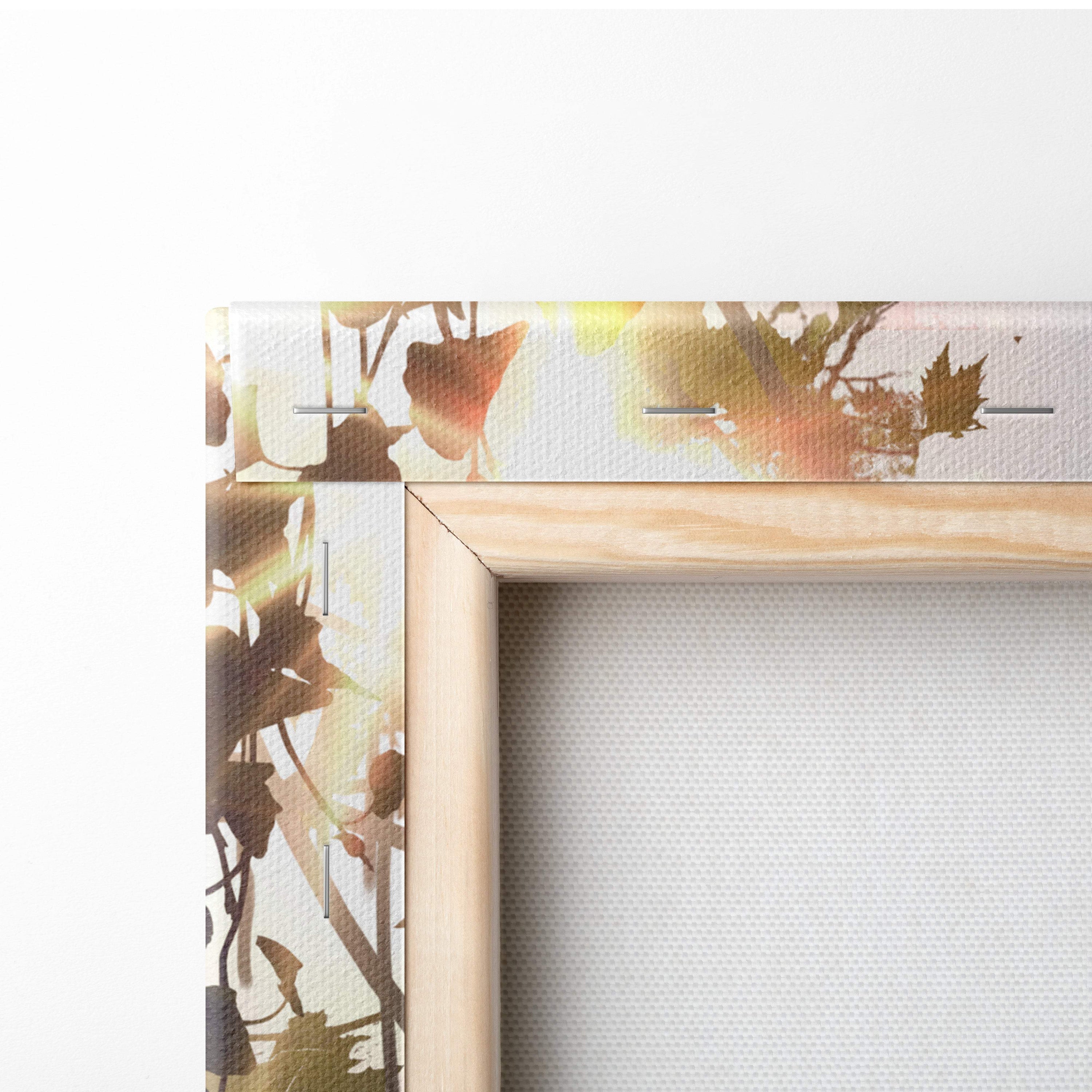 Light-colored wooden frame canvas print featuring autumn leaves in warm tones for fantasy pirate island decor
