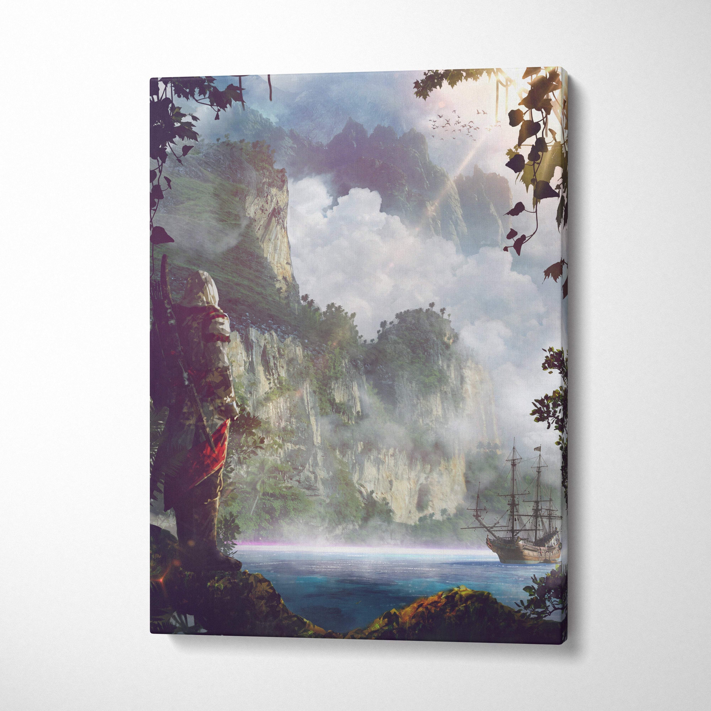 Fantasy pirate island canvas print with misty mountains ship and armored figure on rocky terrain wall art