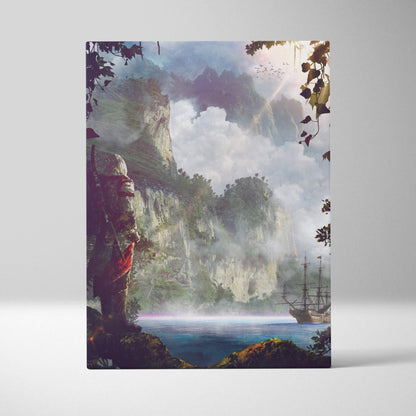 Rectangular fantasy pirate island canvas print with misty mountains ship and armored figure for dramatic adventure decor