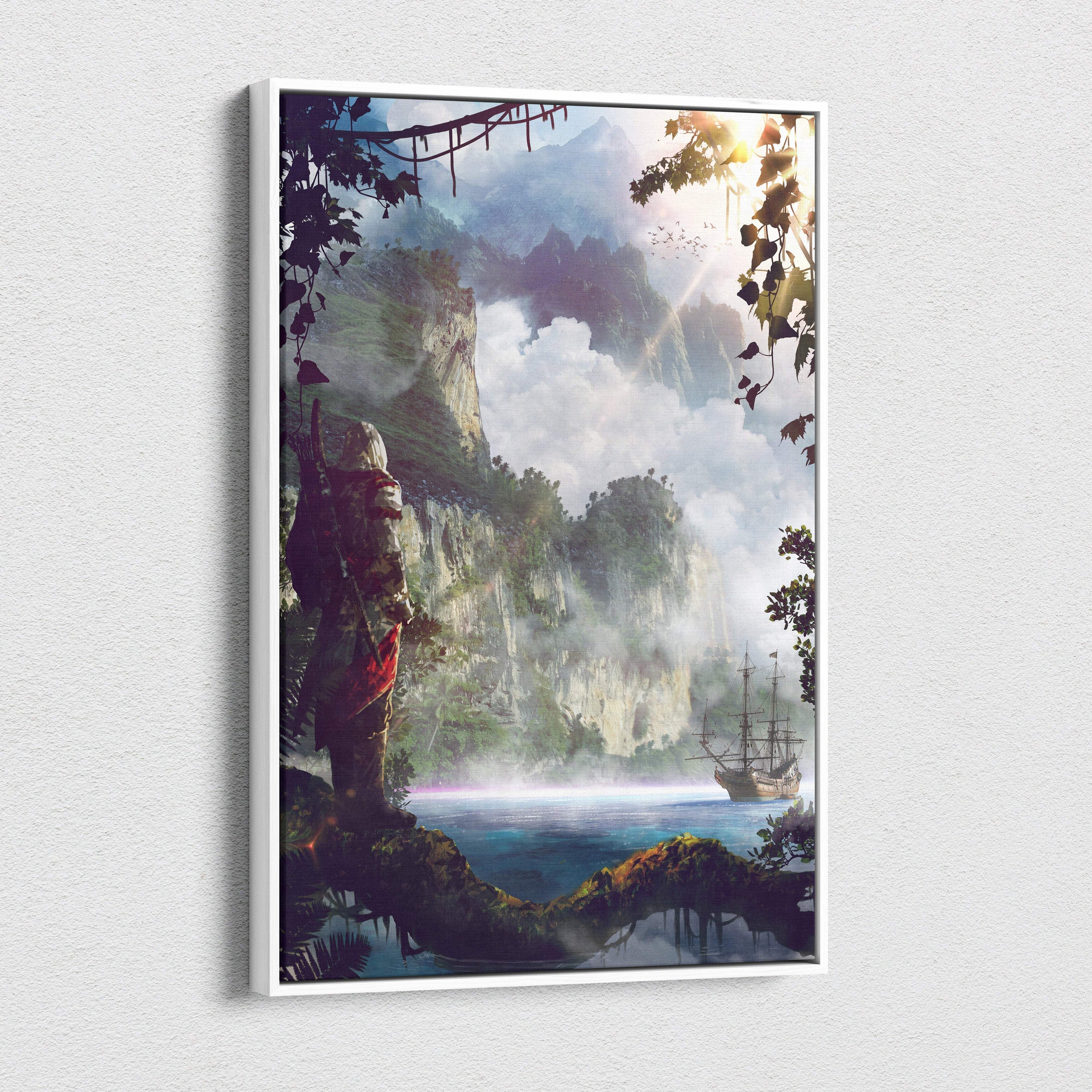 A framed canvas print of a misty mountainous fantasy pirate island with a ship and tropical foliage wall art