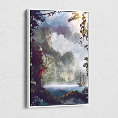 A framed canvas print of a misty mountainous fantasy pirate island with a ship and tropical foliage wall art