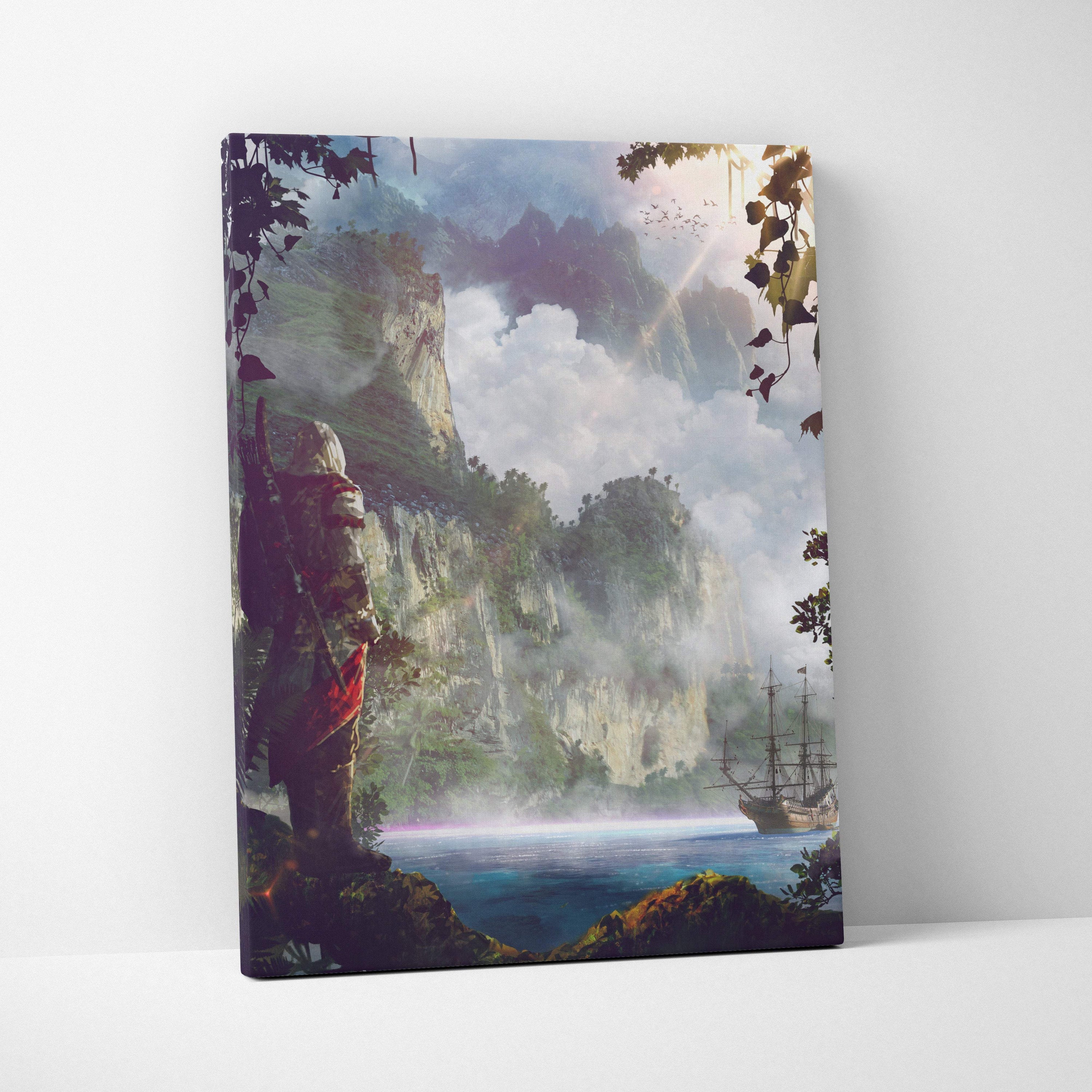 A rectangular fantasy pirate island canvas print showing a lone armored figure on misty mountains overlooking a ship