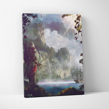 A rectangular fantasy pirate island canvas print showing a lone armored figure on misty mountains overlooking a ship