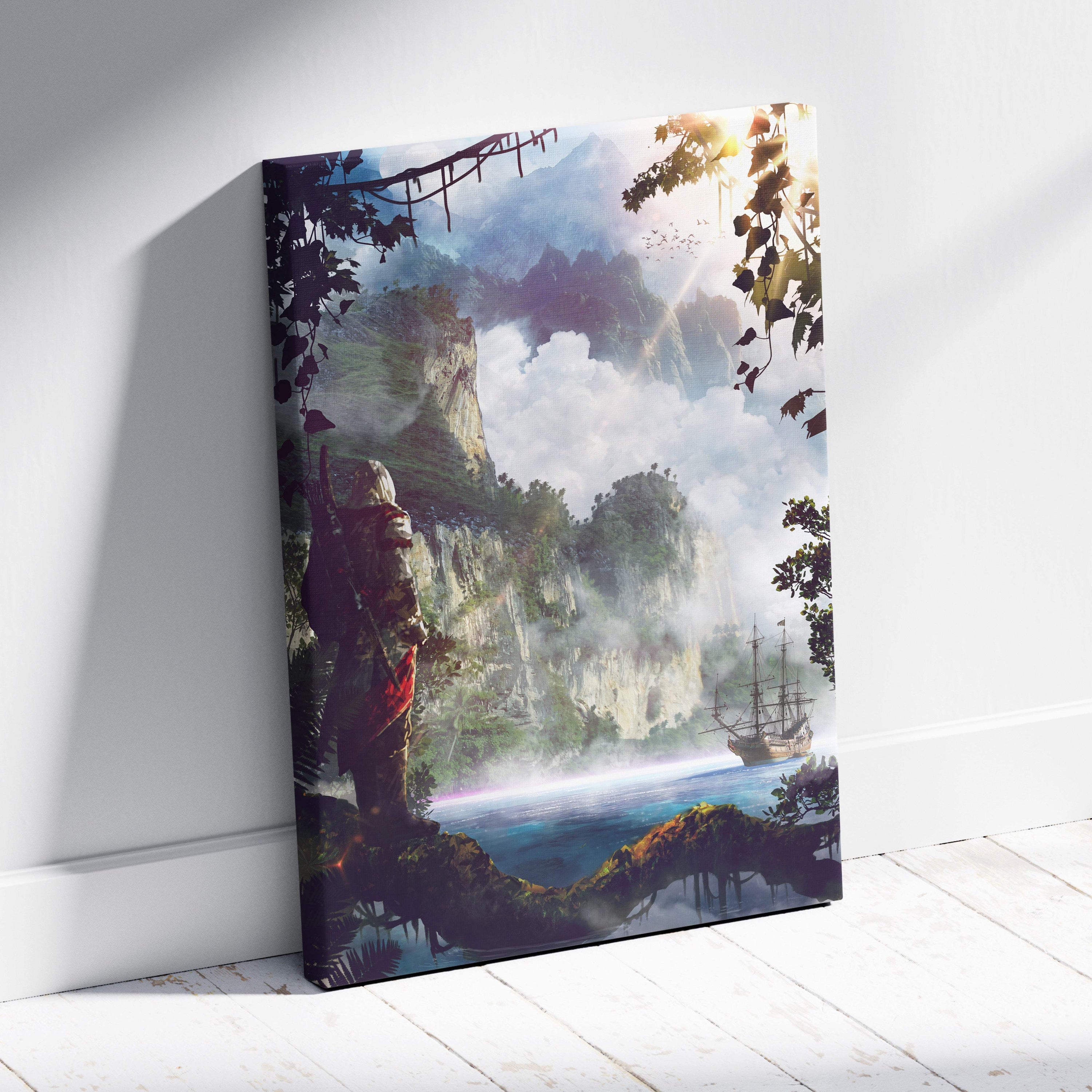Fantasy pirate island canvas print with vibrant red armored figure on mossy rocks and misty mountains ship scene