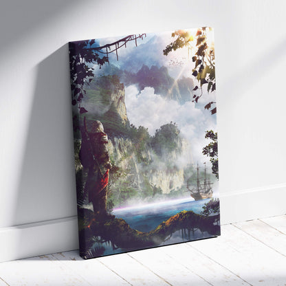 Fantasy pirate island canvas print with vibrant red armored figure on mossy rocks and misty mountains ship scene
