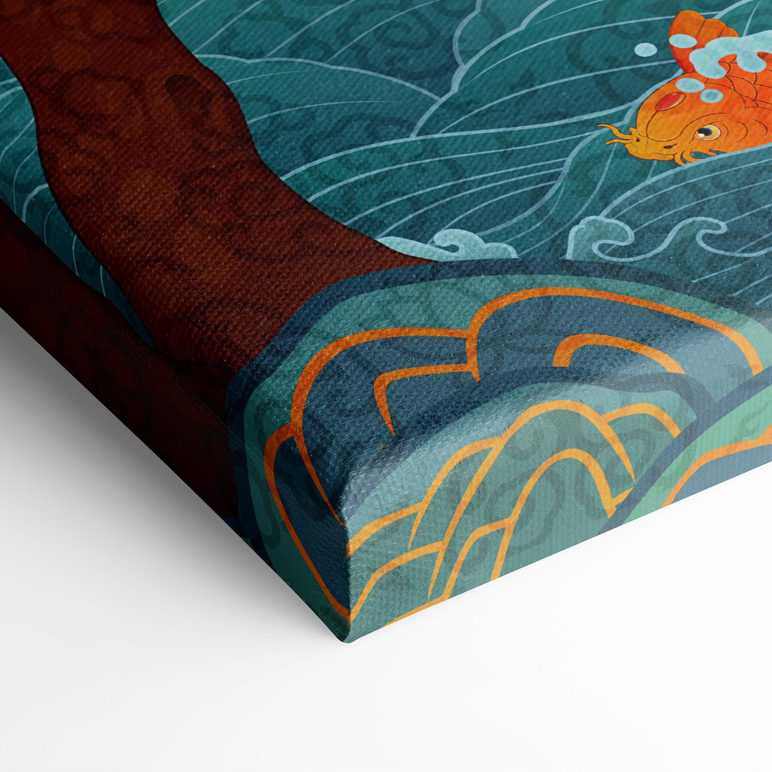 Asian landscape canvas wall art print featuring teal and orange koi fish with stylized wave patterns for serene spaces