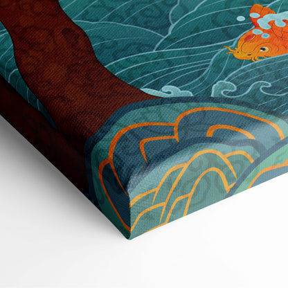 Asian landscape canvas wall art print featuring teal and orange koi fish with stylized wave patterns for serene spaces