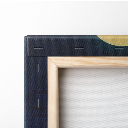 Asian landscape canvas wall art print with dark navy border and light wood frame featuring subtle stitching details