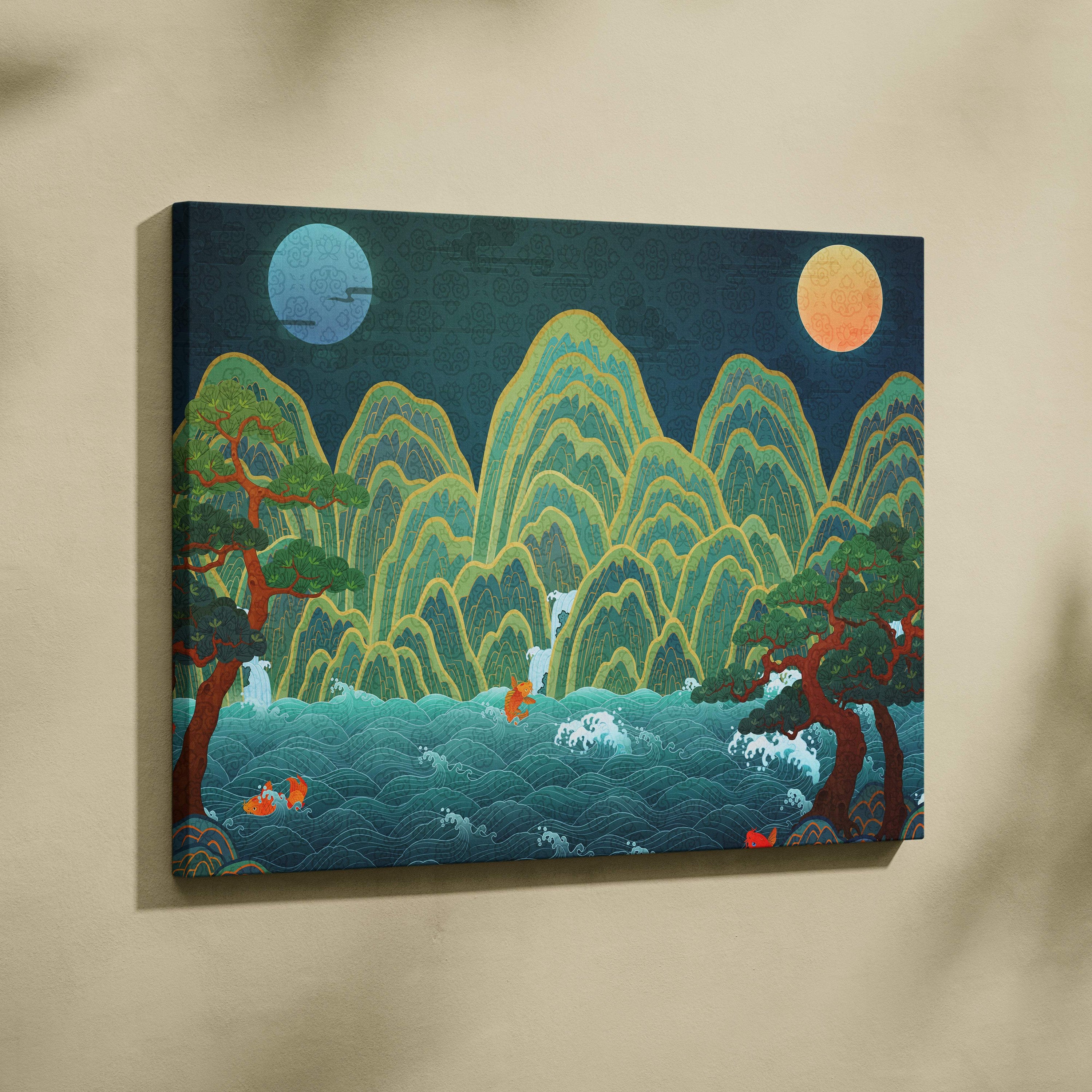 Asian landscape canvas wall art print featuring stylized green mountains turquoise waves and two moons framed by red trees