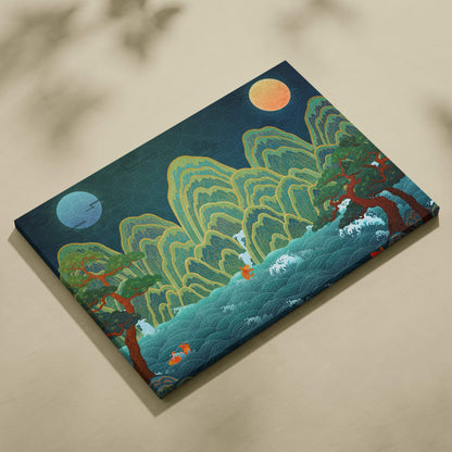 Asian landscape canvas print with layered green mountains turquoise waves and two moons for serene room decor