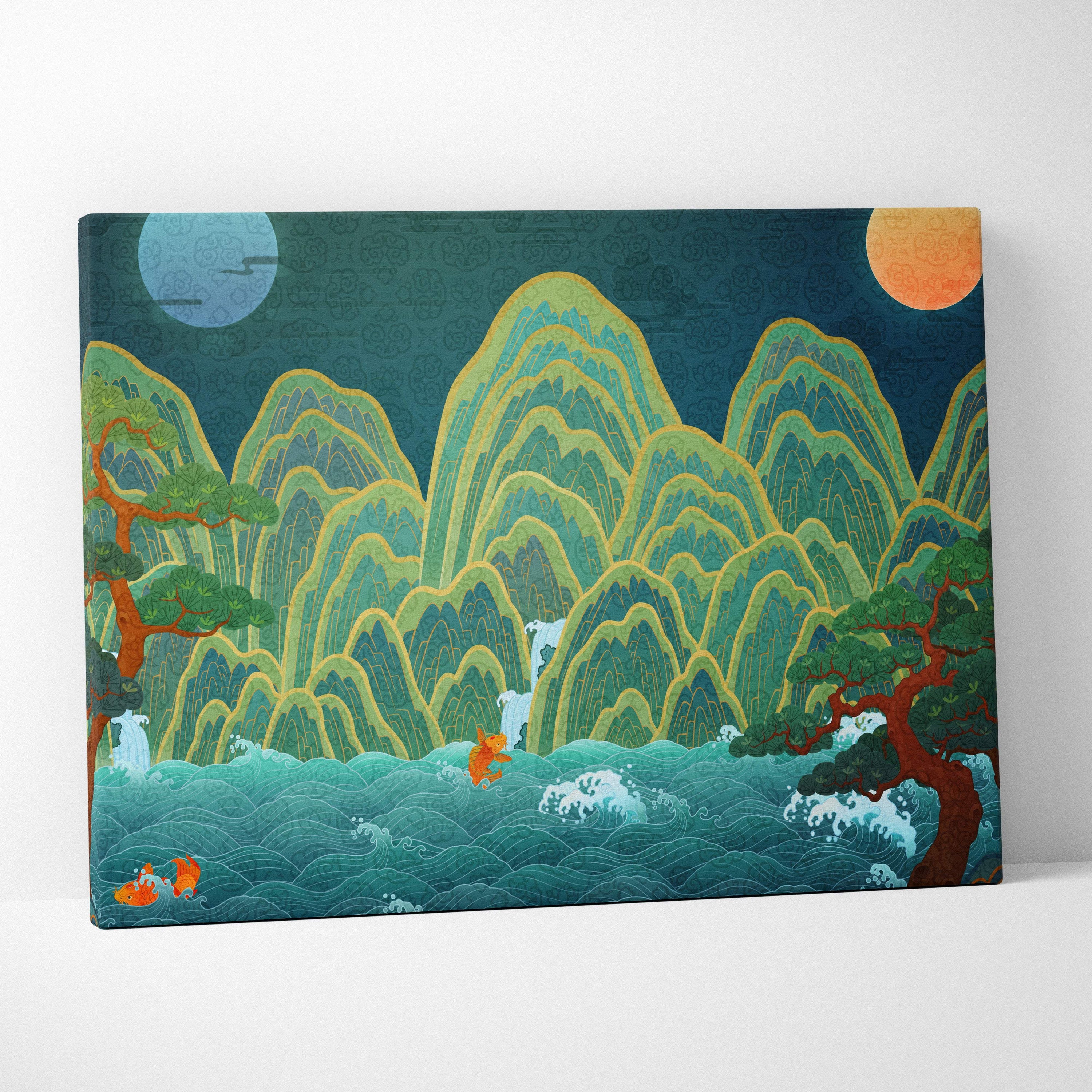 Asian landscape canvas wall art print with layered green and gold mountains turquoise waves and orange fish for serene decor