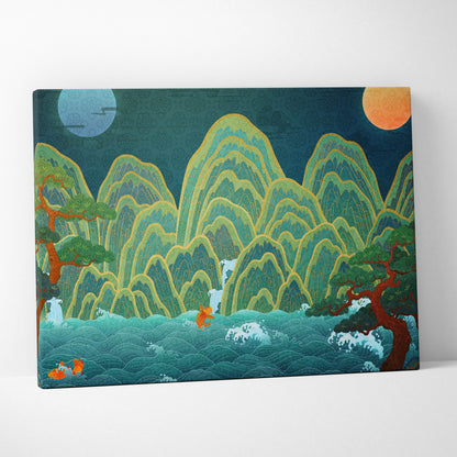 Asian landscape canvas wall art print with layered green and gold mountains turquoise waves and orange fish for serene decor