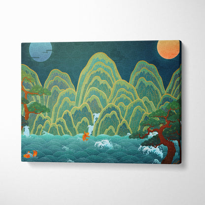 Asian landscape canvas wall art print with stylized green yellow mountains turquoise waves and red trees for serene decor