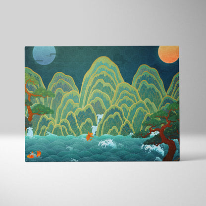 Asian landscape canvas wall art print with green and yellow mountains, turquoise waves, orange foxes, and dual moons for serene decor