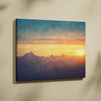 Rectangular canvas wall art print featuring a golden mountain sunset with teal orange hues for rustic living room decor