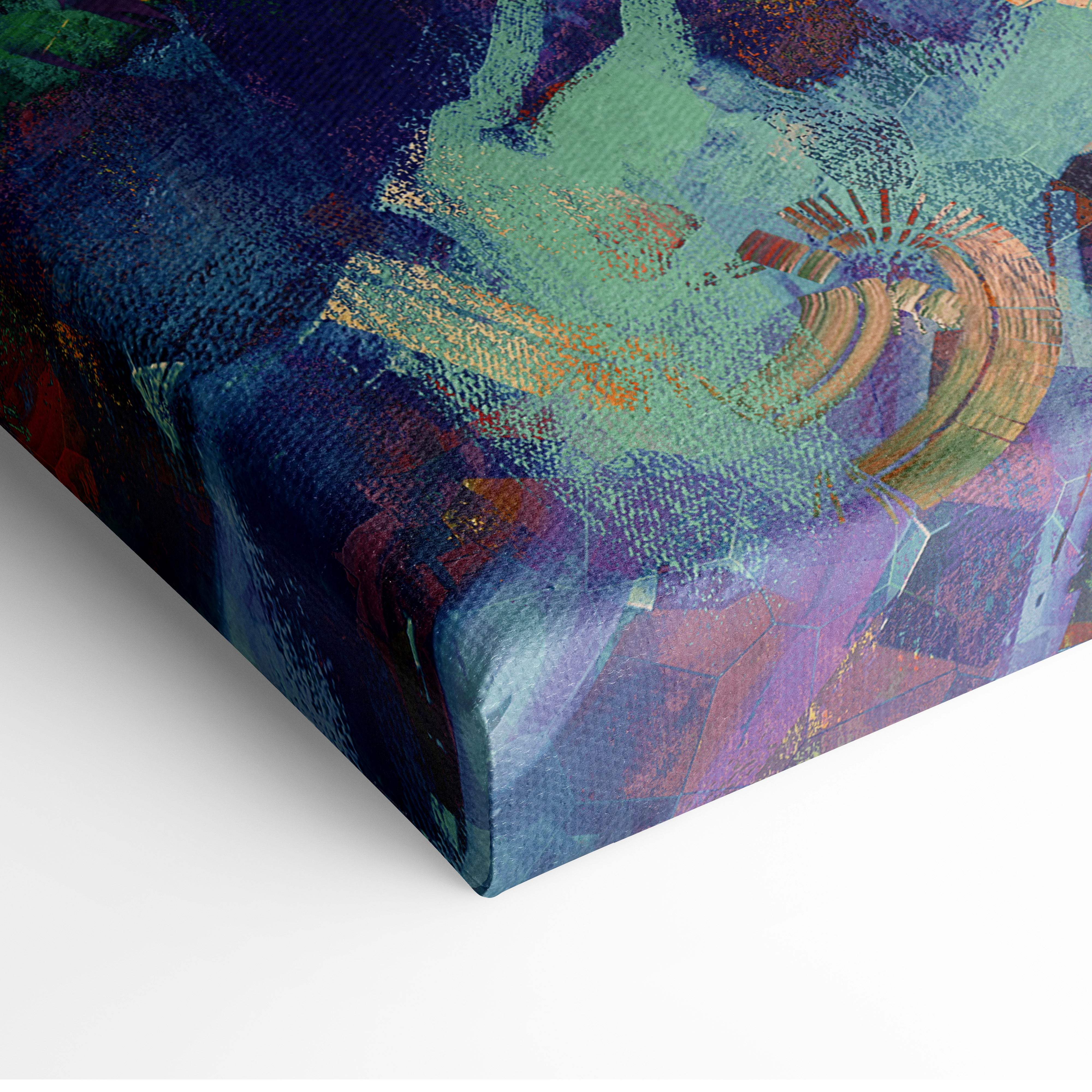 Colorful abstract expressionist canvas art with textured brushstrokes in blues, purples, greens, and golds for modern decor