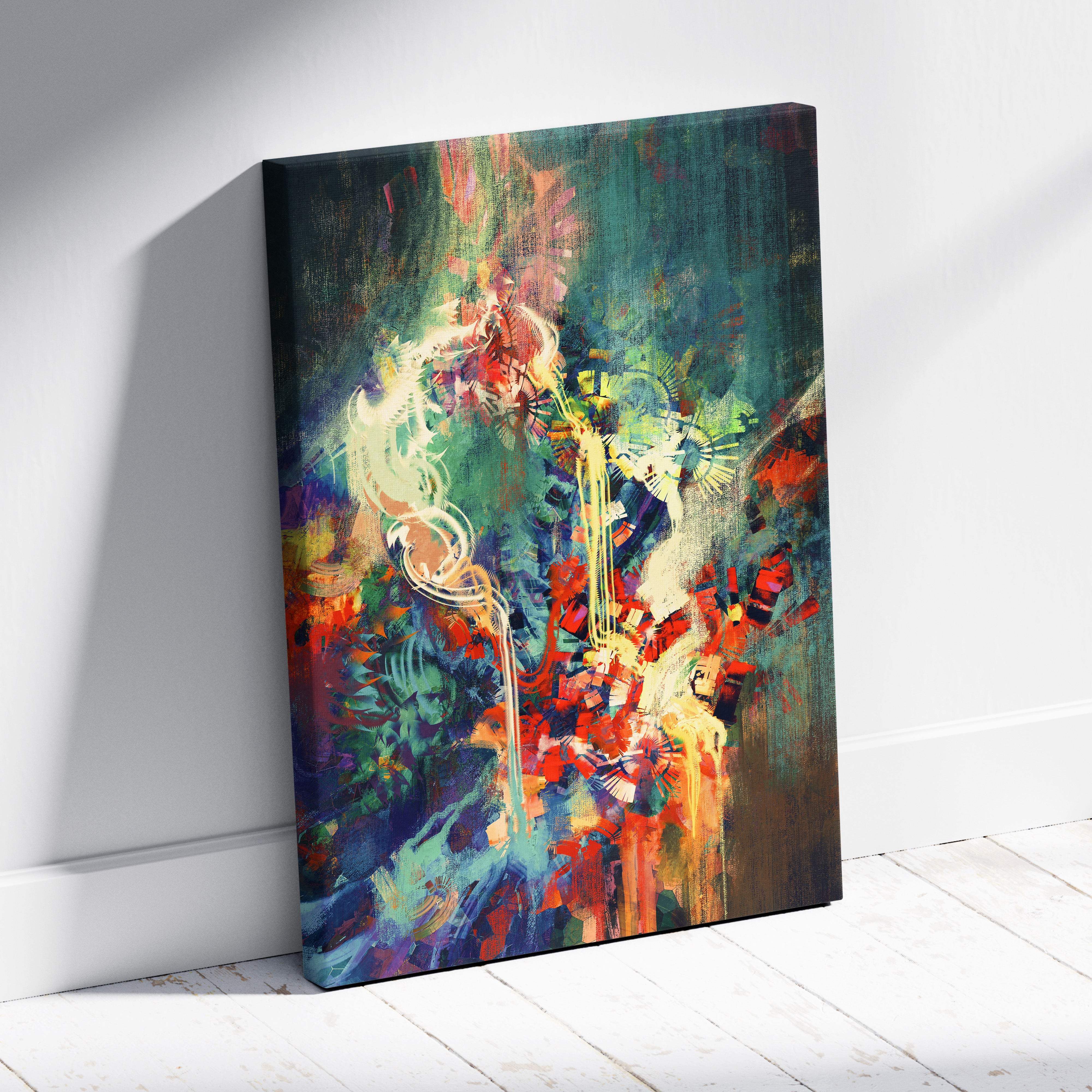 Vibrant modern abstract expressionist canvas art with bold teal red orange and white strokes on stretched linen for home decor