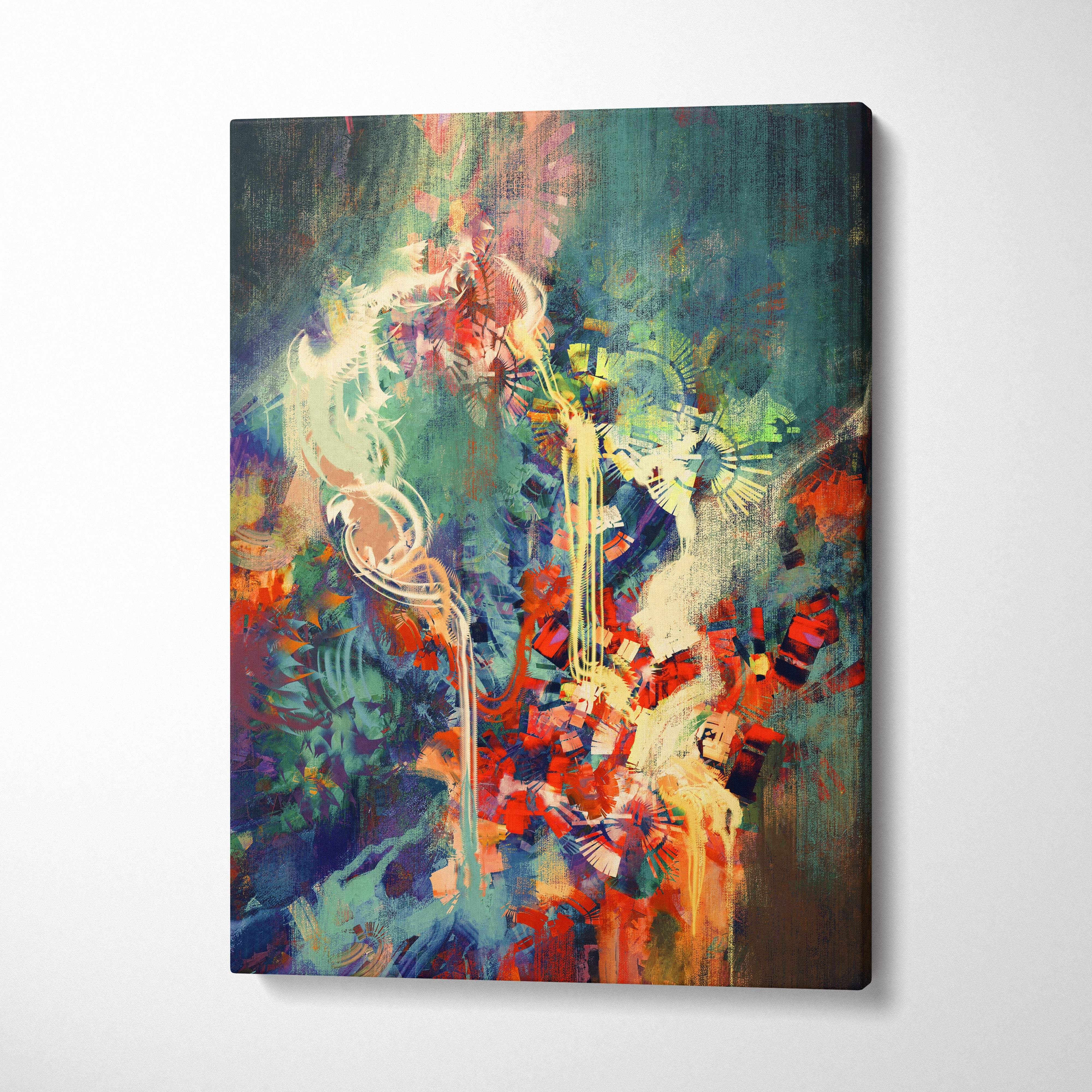 Vibrant modern abstract expressionist canvas art with bold teal red orange and white strokes for home and office decor