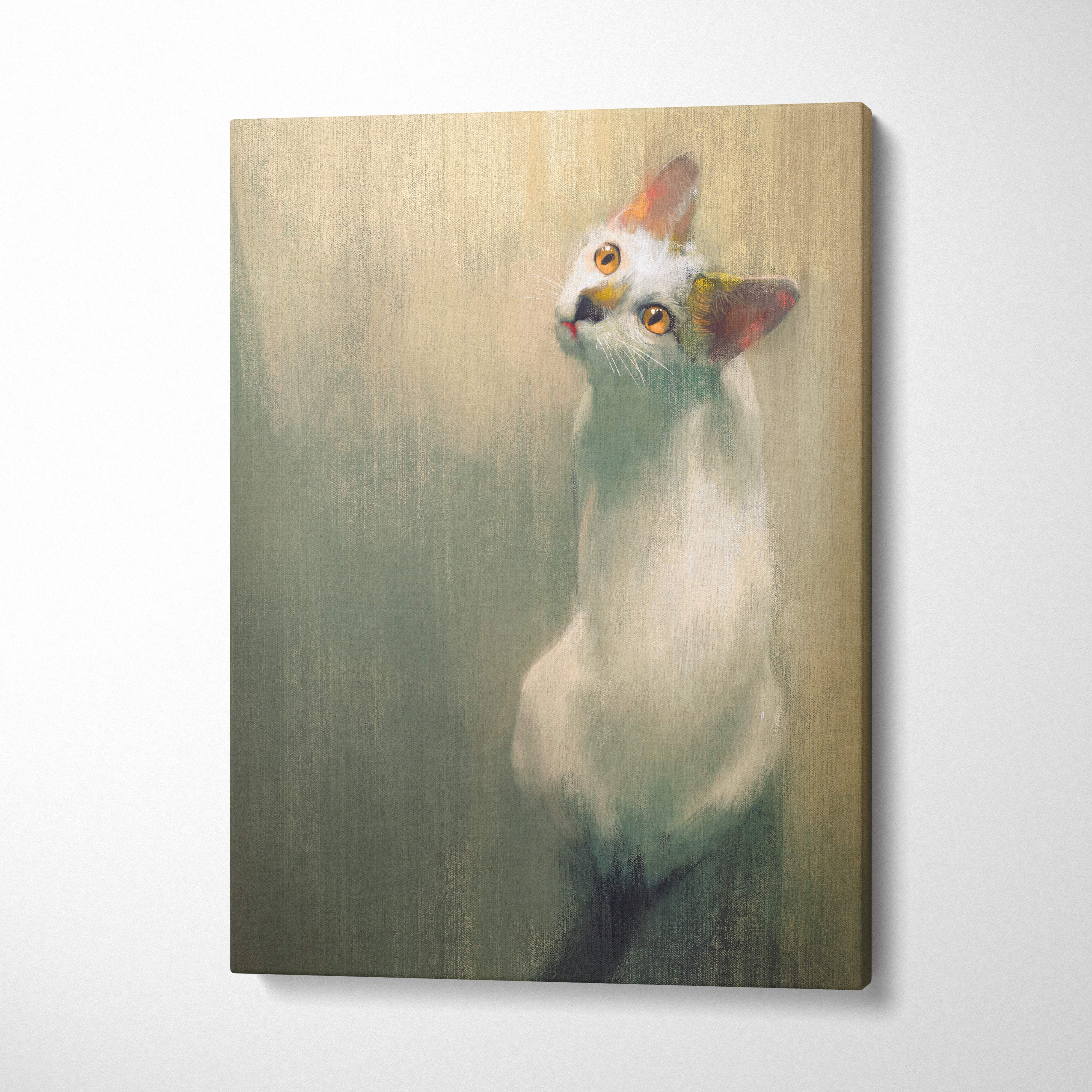 Minimalist white cat portrait oil painting on canvas with warm amber eyes and subtle orange ears in soft pastel tones