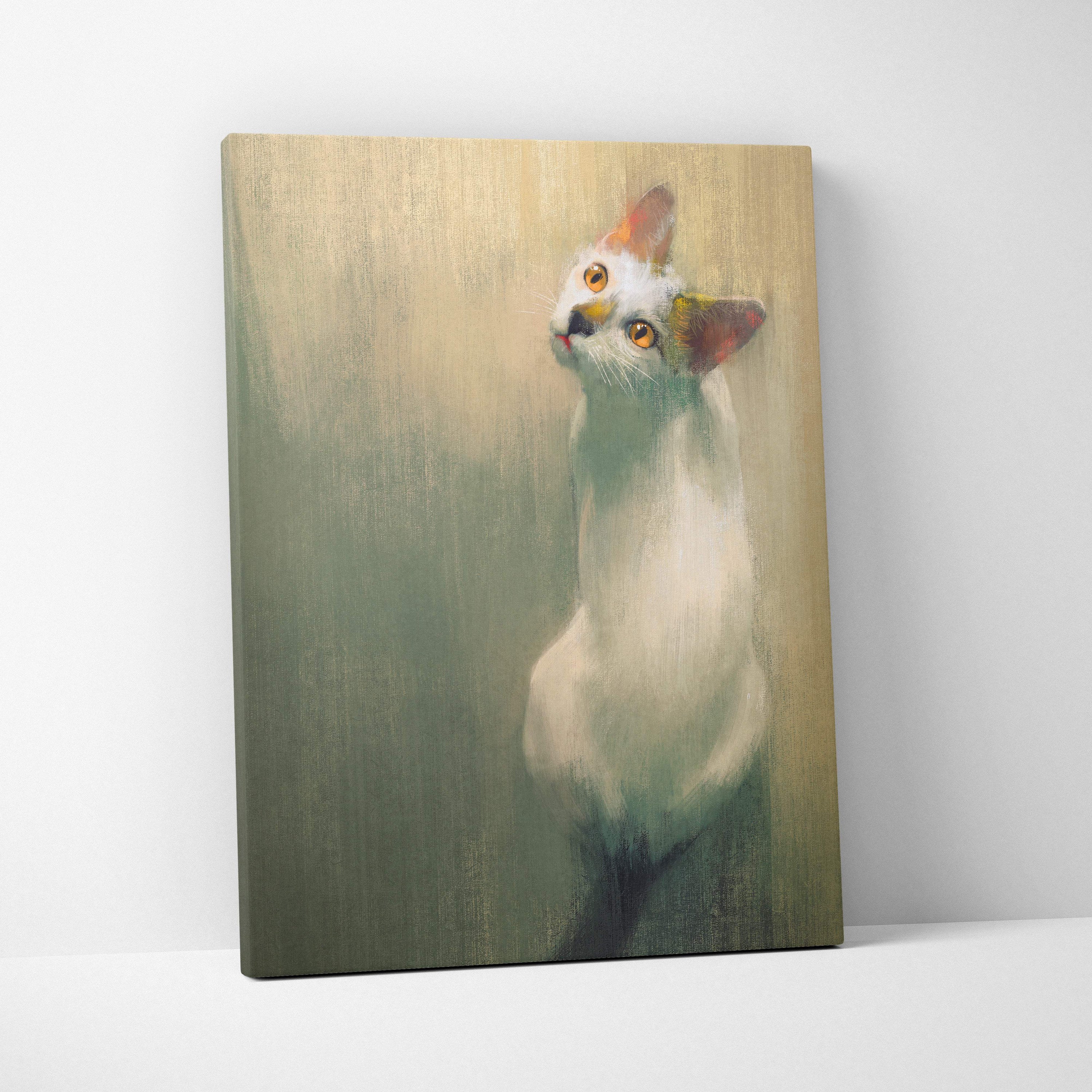 Minimalist white cat portrait oil painting on canvas with warm amber eyes and textured muted greenish beige background