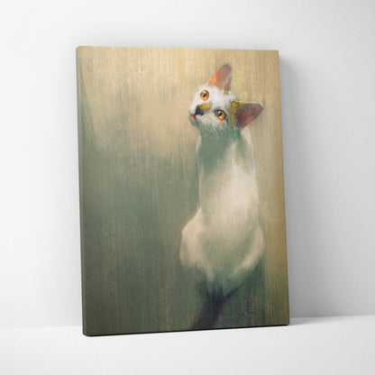 Minimalist white cat portrait oil painting on canvas with warm amber eyes and textured muted greenish beige background