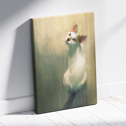 Minimalist white cat portrait oil painting on canvas with amber eyes and soft pastel textured greenish beige background