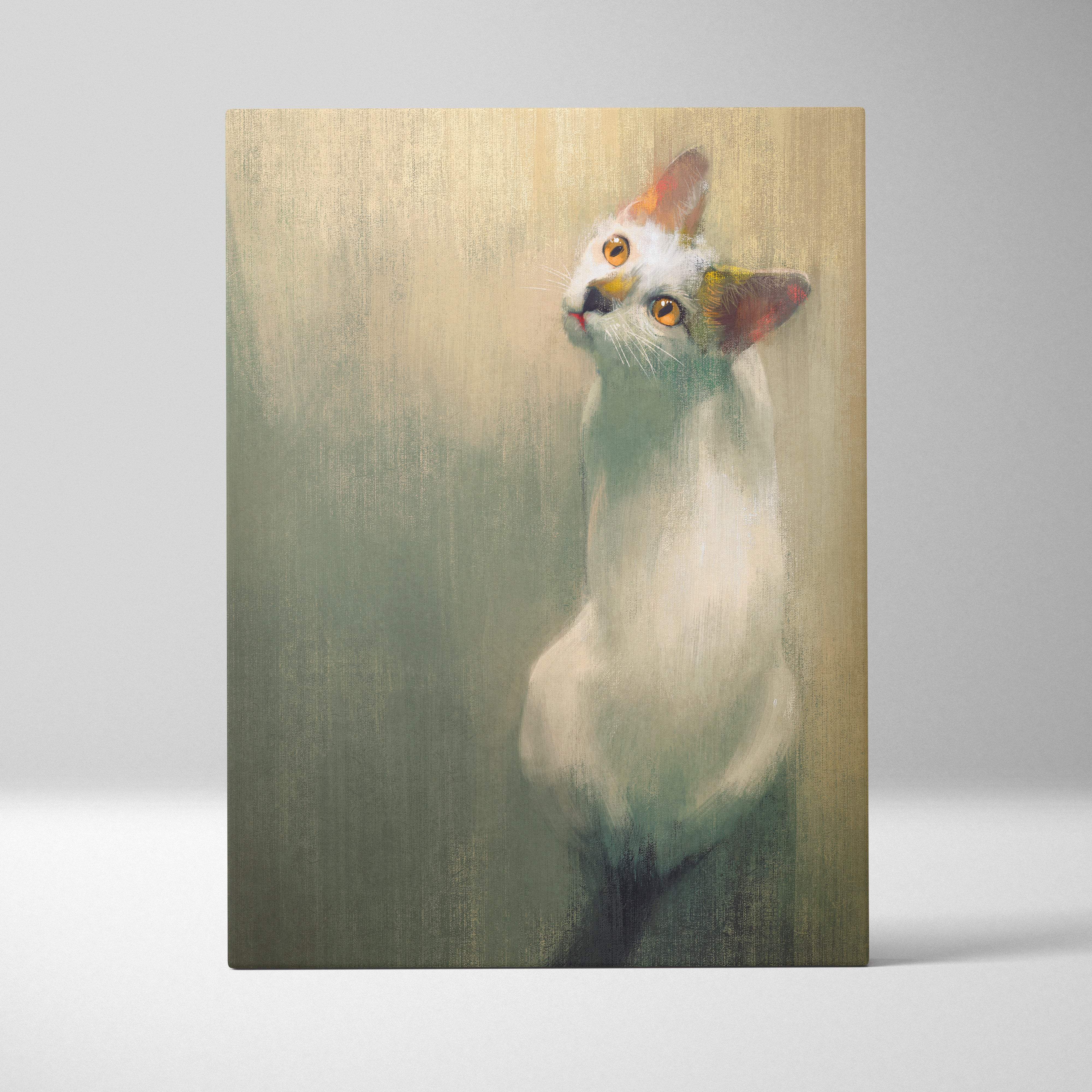 Minimalist white cat portrait oil painting on canvas with warm amber eyes and subtle orange and brown ear markings
