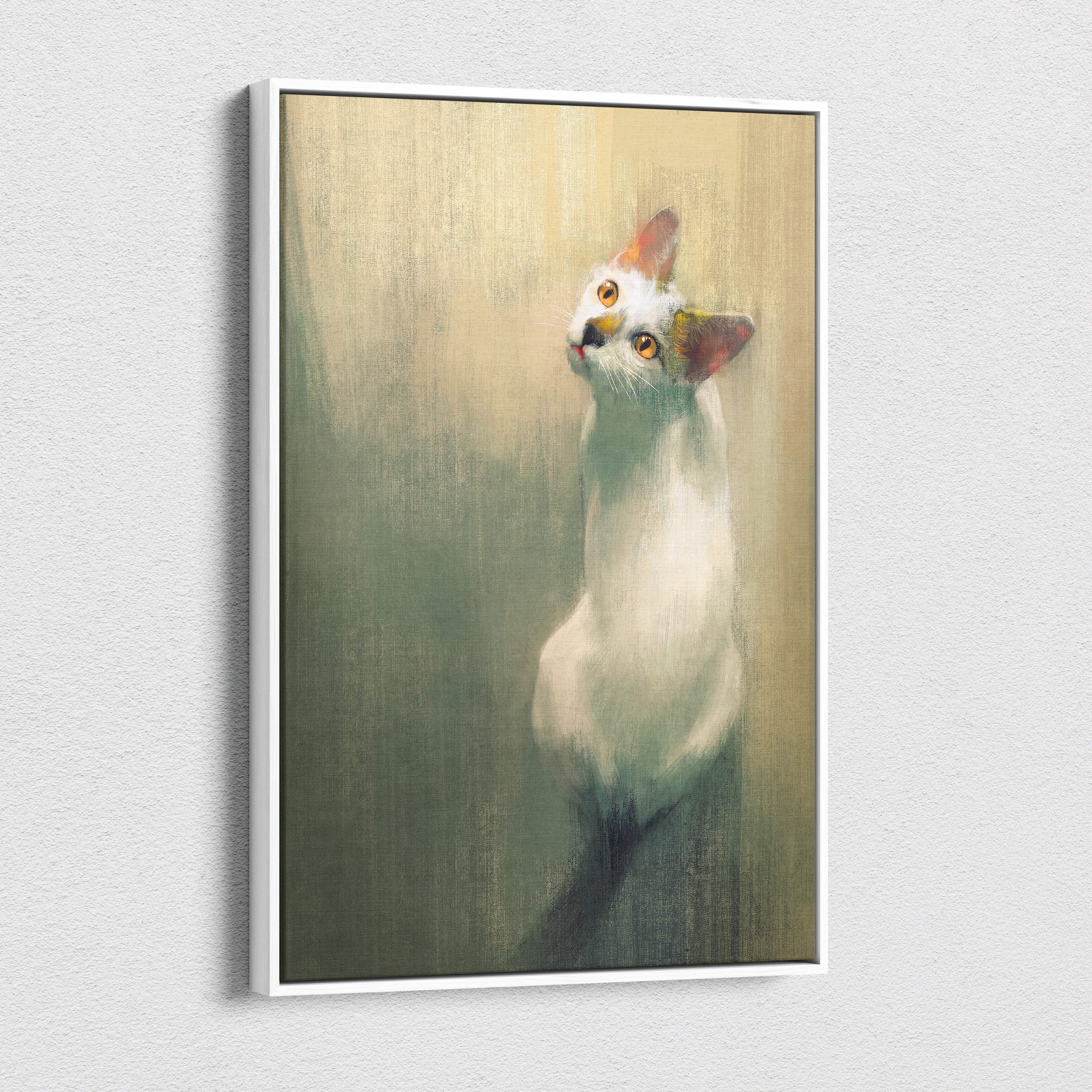 A minimalist white cat portrait oil painting on canvas with orange ears and golden eyes in a sleek white frame