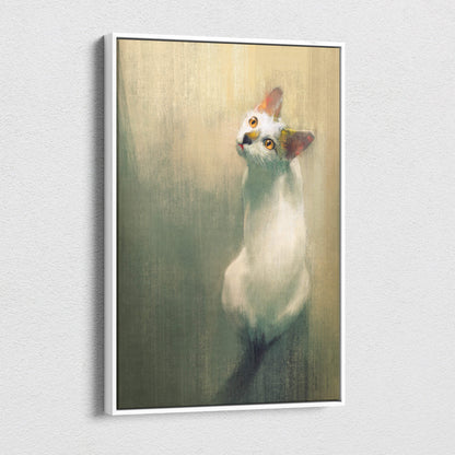 A minimalist white cat portrait oil painting on canvas with orange ears and golden eyes in a sleek white frame