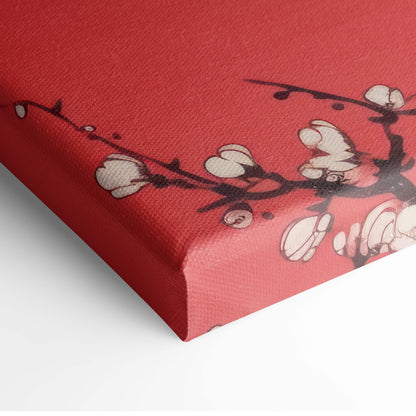 Red floral blossom canvas wall art with delicate white cherry flowers and black branches in modern asian ink style