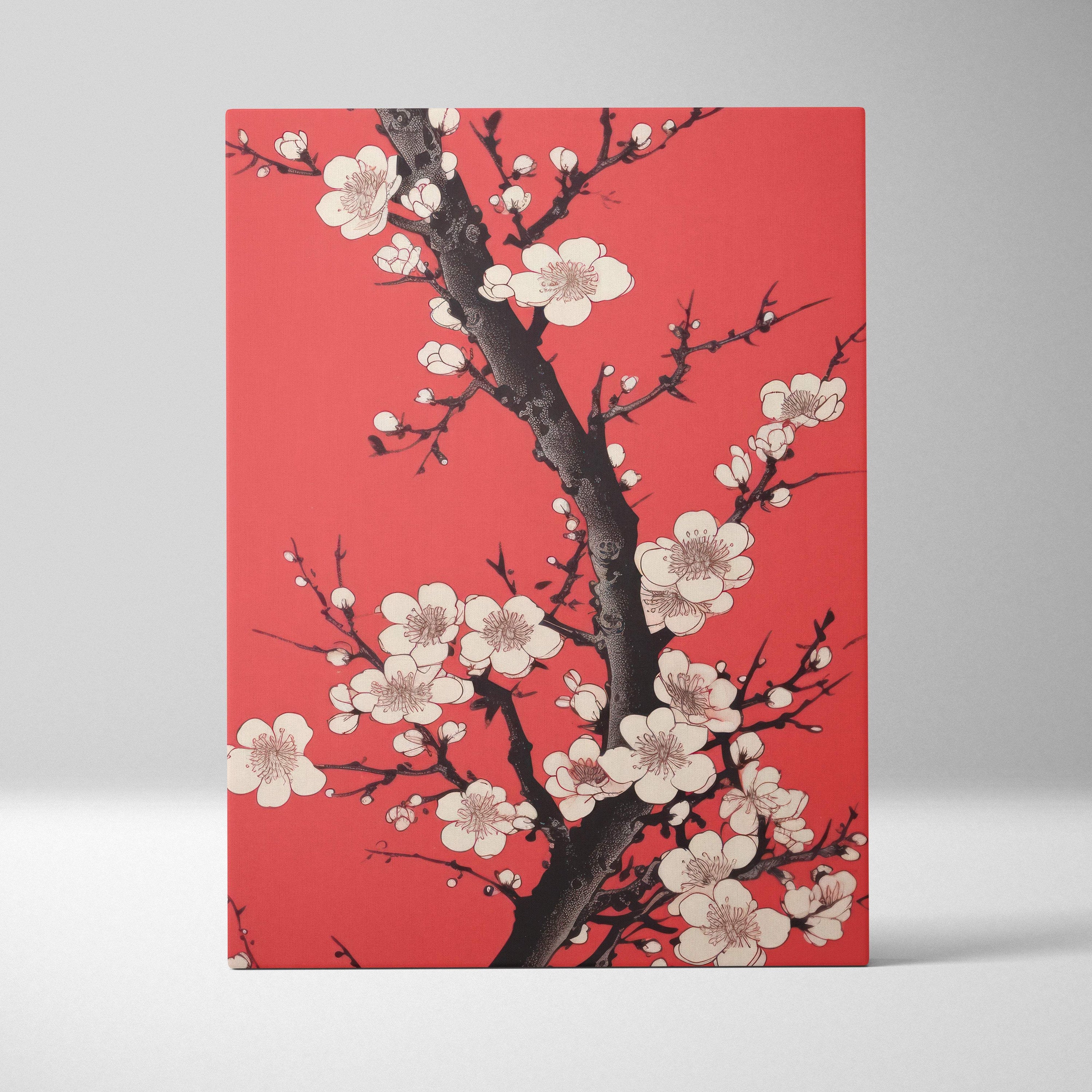 Red floral blossom canvas wall art with white cherry flowers and black branches in modern asian ink painting style