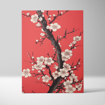 Red floral blossom canvas wall art with white cherry flowers and black branches in modern asian ink painting style