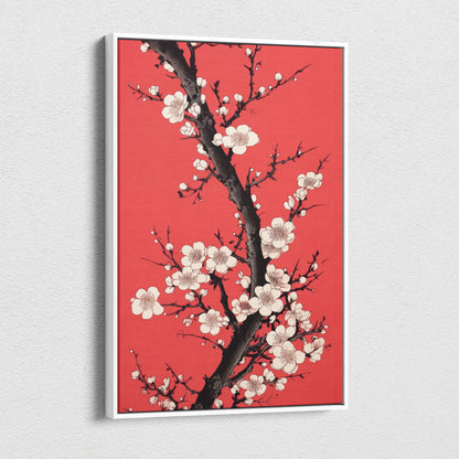 A framed red floral blossom canvas wall art with white cherry flowers and black branches in modern asian ink style