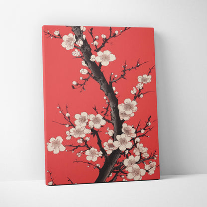 Red floral blossom canvas wall art with white cherry flowers on black branches in modern asian ink painting style