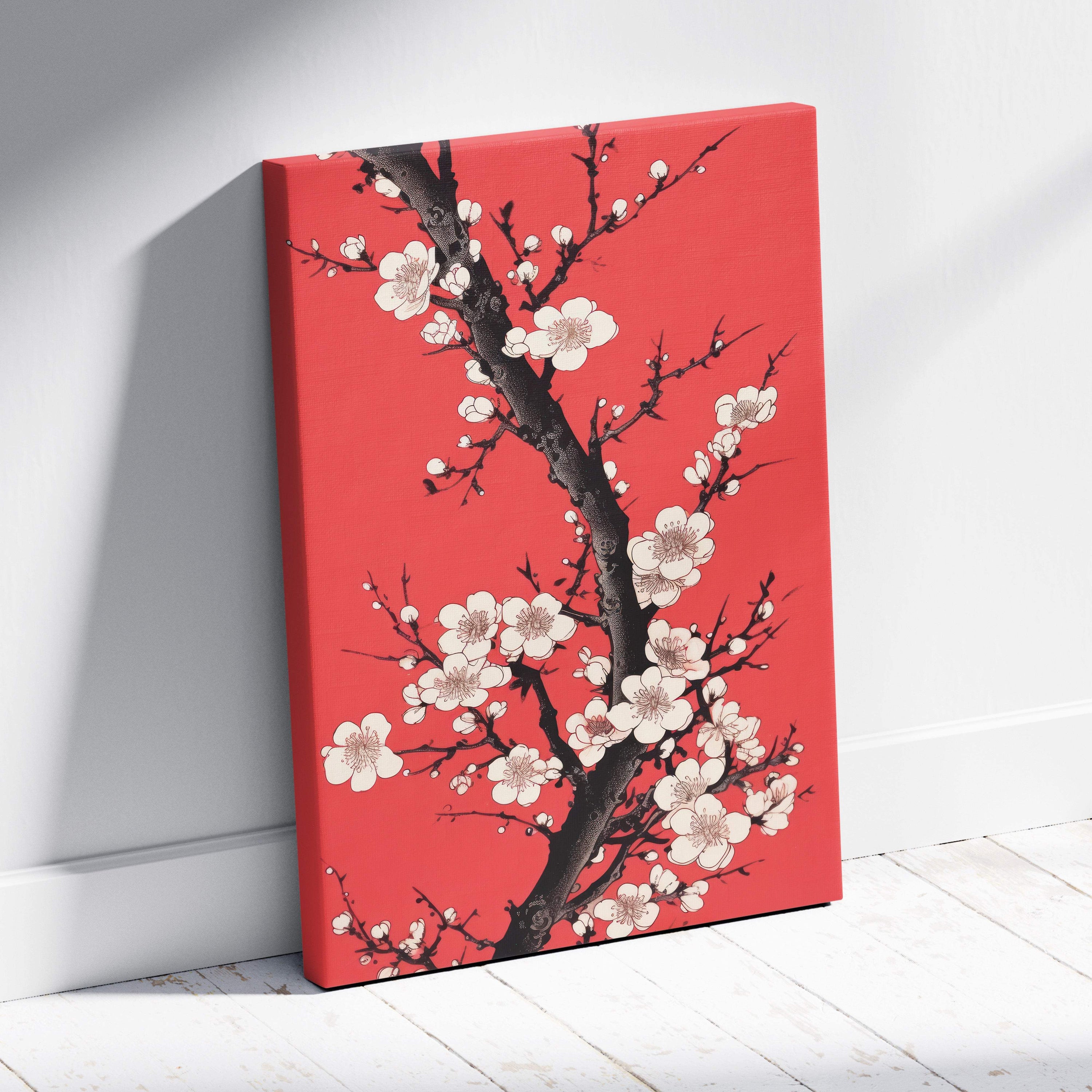Red floral blossom canvas wall art with white cherry flowers and black branches in modern asian ink painting style