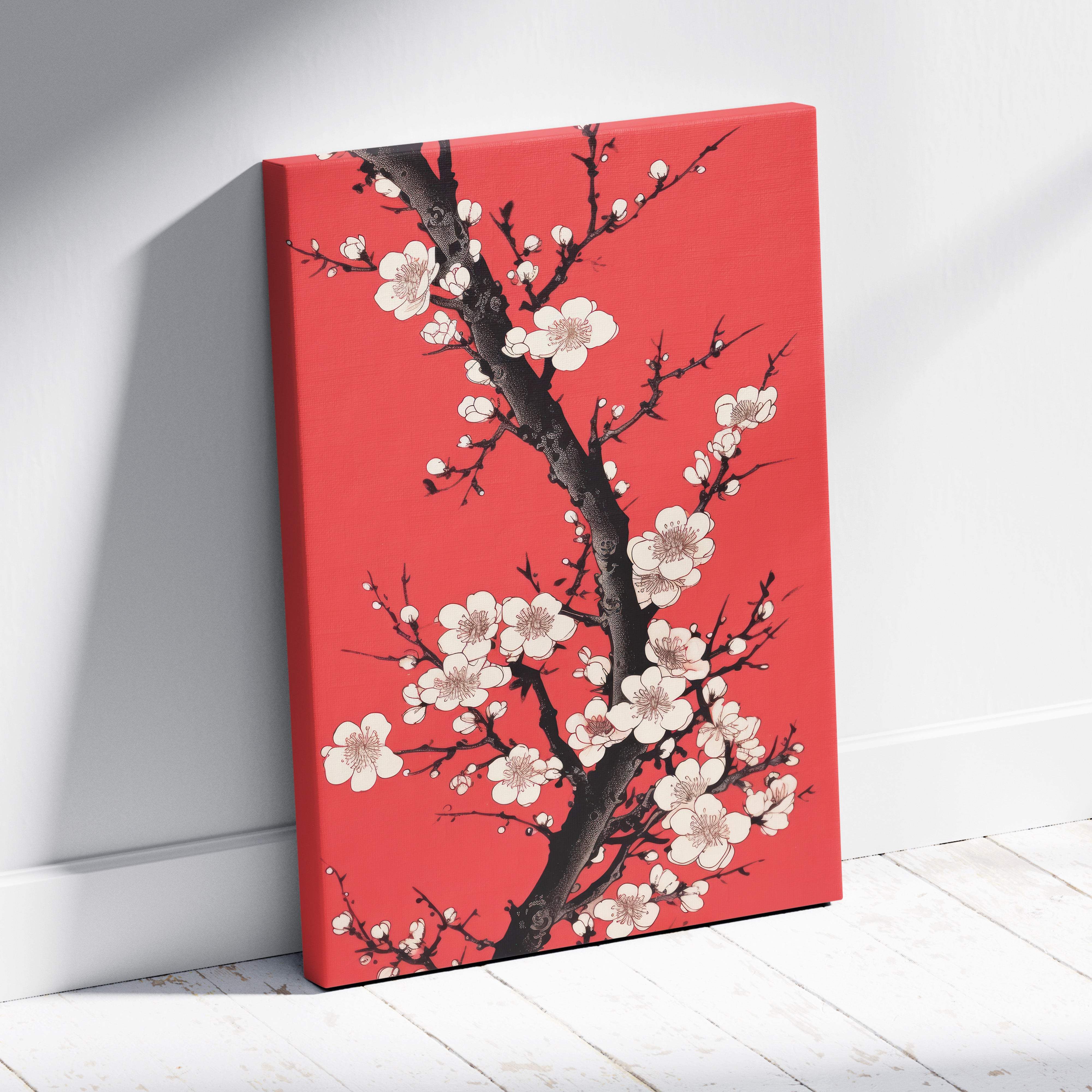 Red floral blossom canvas wall art with white cherry flowers and black branches in modern asian ink painting style