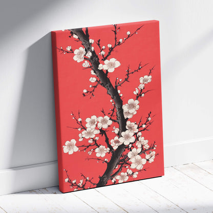 Red floral blossom canvas wall art with white cherry flowers and black branches in modern asian ink painting style