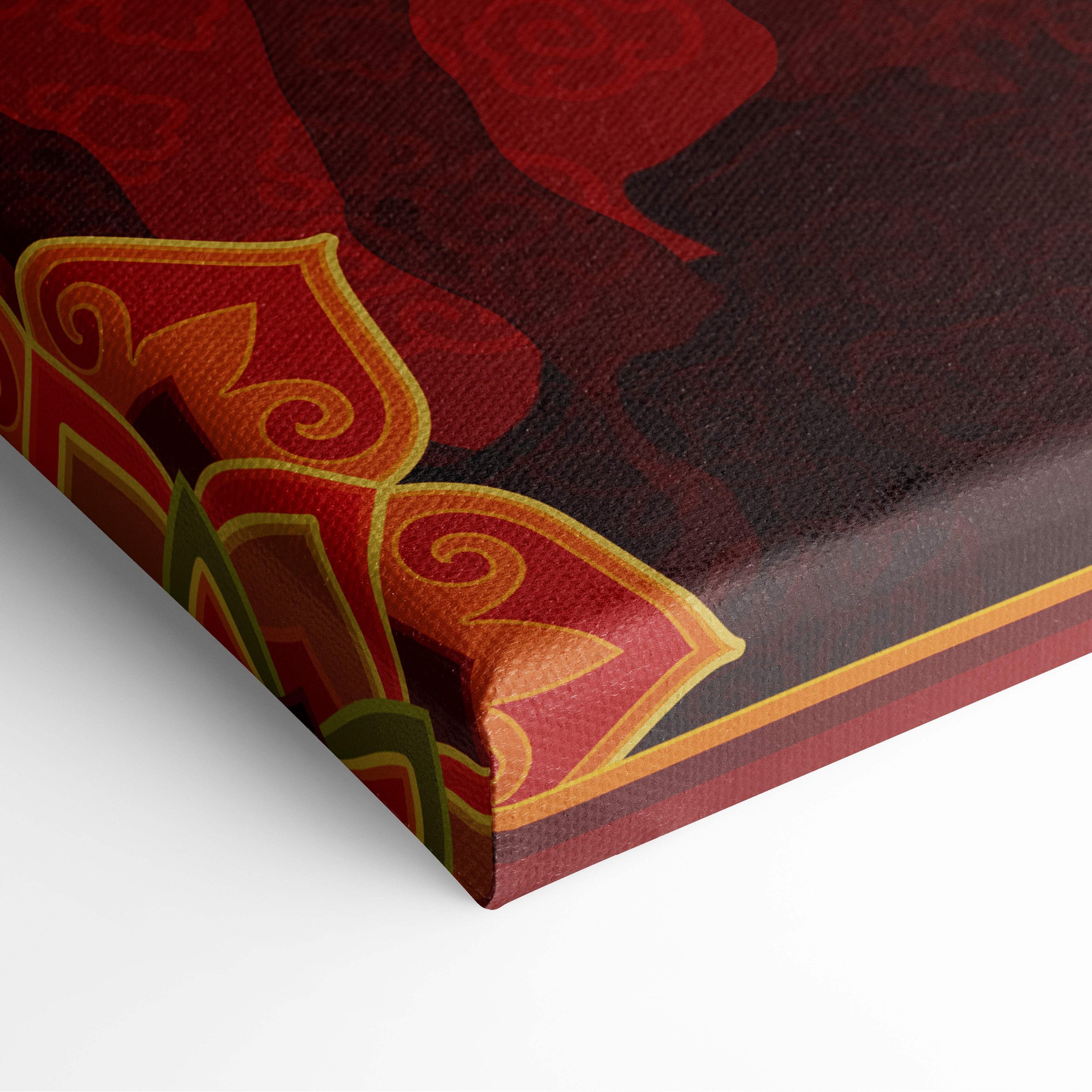 A richly detailed red asian tiger canvas wall art print with ornate gold lunar moon patterns on dark brown background
