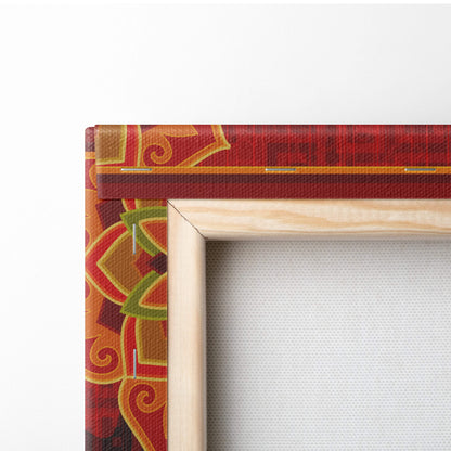 A wooden canvas frame with a vibrant red and gold ornate pattern from red asian tiger canvas wall art print