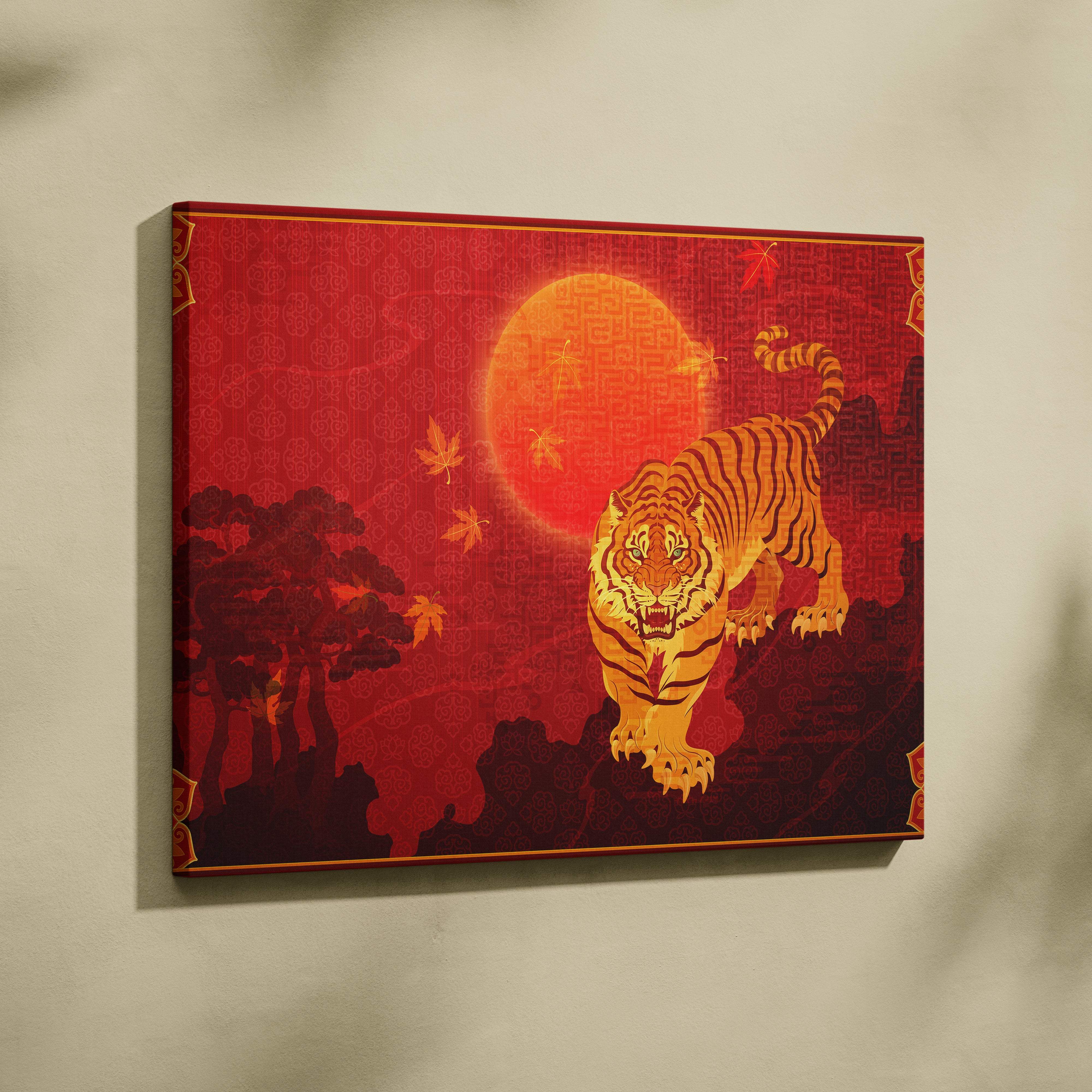 Vibrant red canvas print of a golden tiger leaping against an orange sun and autumn leaves with traditional patterns