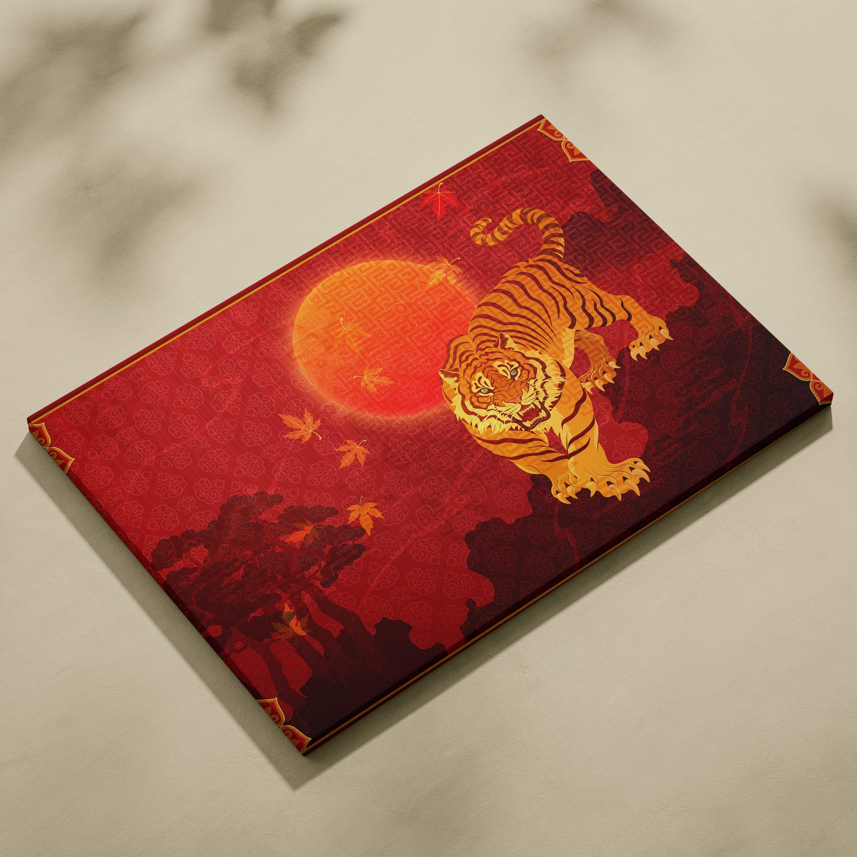 A vibrant red canvas wall art print featuring a golden tiger leaping against an orange sun and autumn leaves